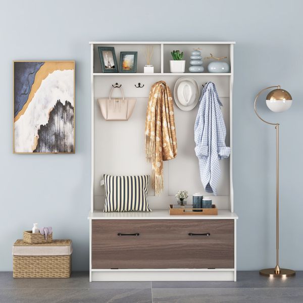 3-in-1 entryway bench featuring coat hooks and storage cabinet