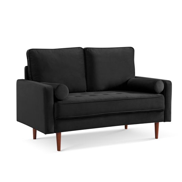 57.1-inch tufted velvet loveseat sofa with bolster pillows, ideal for living rooms or bedrooms, in contemporary black design