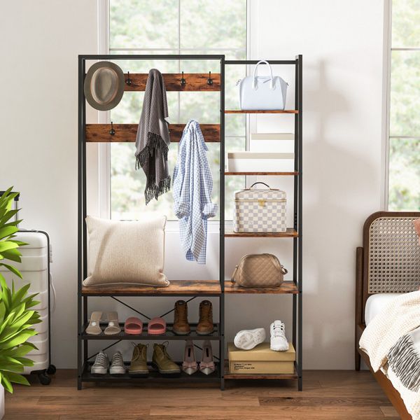 5-in-1 entry storage bench with 9 hooks for hallway organization