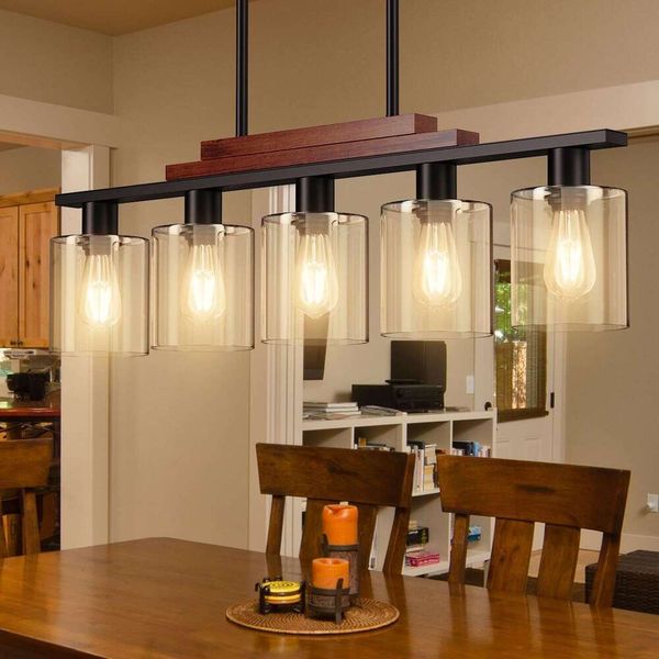 5-Light Pendant Chandelier with Clear Glass Shades and Adjustable Wooden Rods for Rustic Kitchen Island Lighting