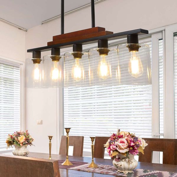 5-Light rustic wood chandelier with clear glass shades for kitchen island lighting