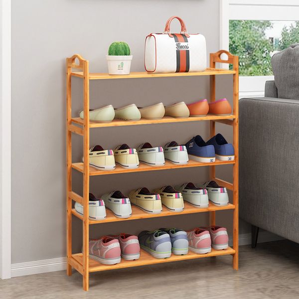 5-tier bamboo shoe rack featuring two rounded handles, holds up to 15 pairs