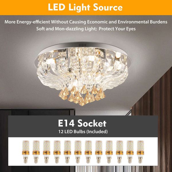 60x30cm Ceiling Lamp K9 Modern Crystal Chandelier with Remote Control, 85V-265V, Three Light Colors for Dining Room