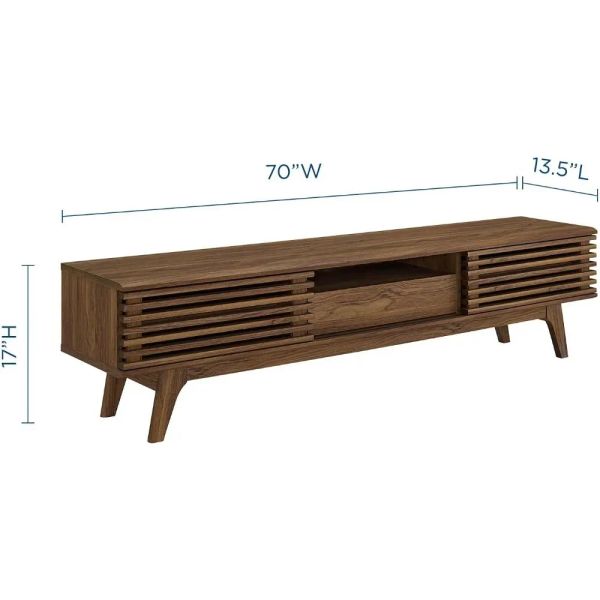 70-inch mid-century modern TV stand in walnut finish for living room entertainment