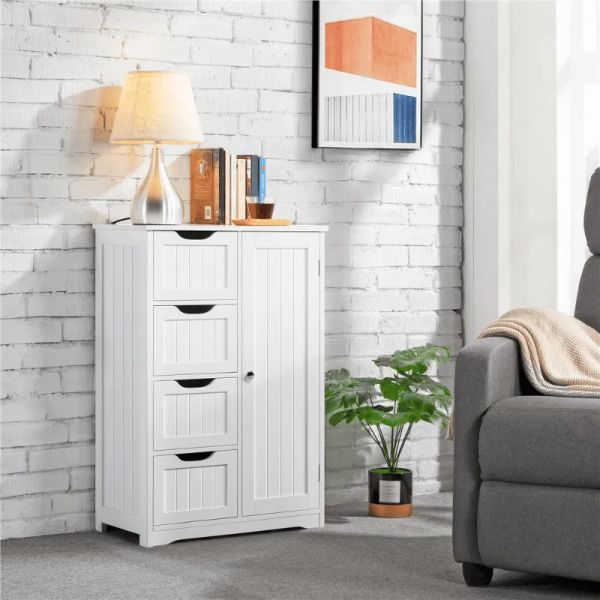 Alden Design Wooden Bathroom Storage Cabinet with 4 Drawers & Cupboard, White