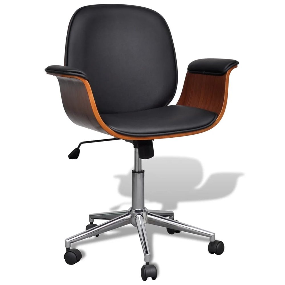 vidaXL Office Chair Black and Brown Faux Leather, Bent Wood, Chromed Iron
