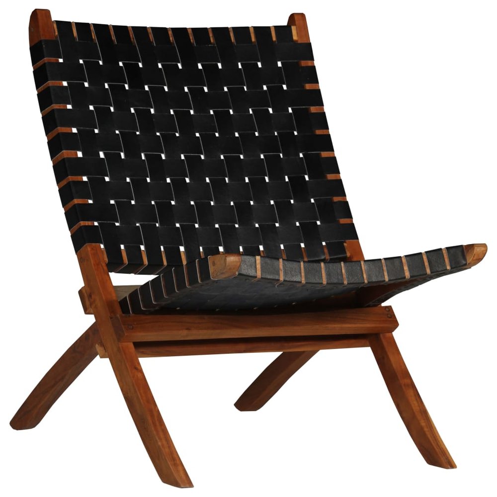 vidaXL Chair Black Genuine goat leather and solid acacia wood