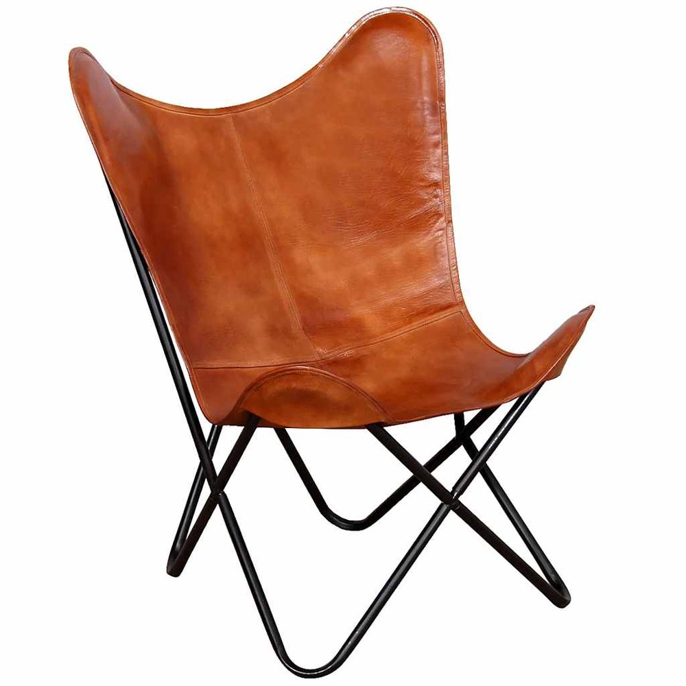 vidaXL Butterfly Chair Brown Real leather, Powder-coated iron Standard
