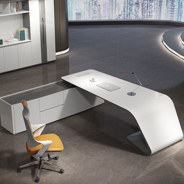 CEO Boss L-shaped White Luxury Office Desk with Drawer for Modern Home or Executive Office