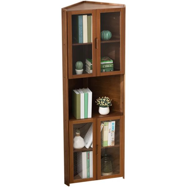 Corner shelving unit for living room with multi-level transparent storage and double-door cabinet