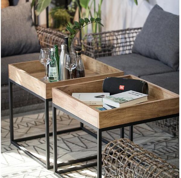 Creative solid wood tea table for living room, featuring iron art sides, ideal for family balcony leisure, simple square design, customizable
