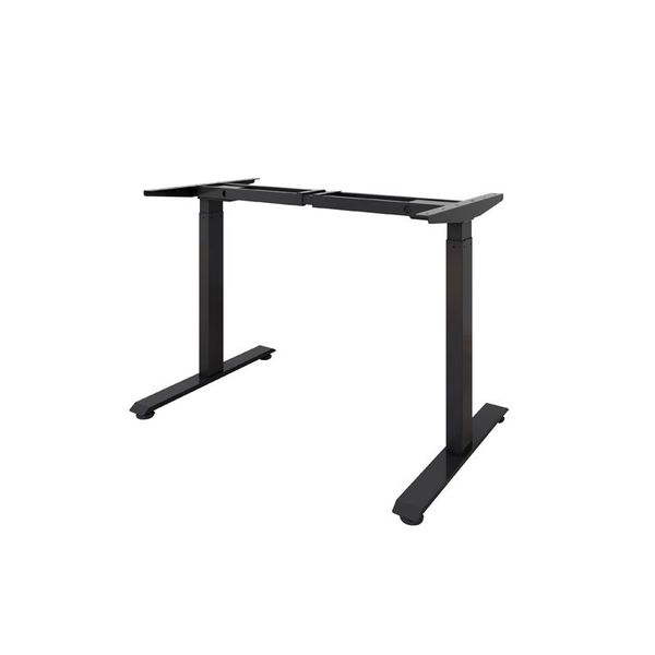 Electric standing desk with height-adjustable storage lockers and a dual-motor frame for rapid lifting
