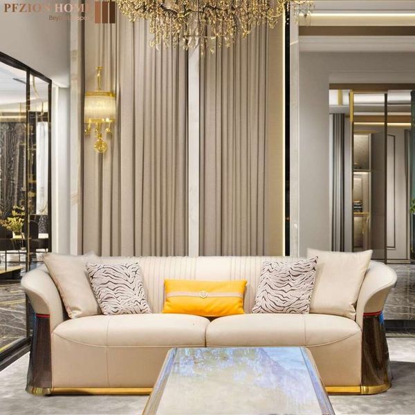 European Italian-inspired post-modern living room set featuring genuine leather sofas combined with wood accents, ideal for hotels