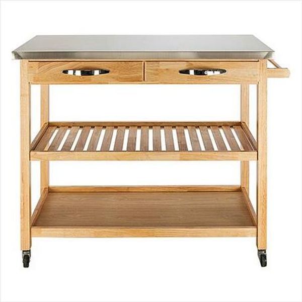 Fashionable free shipping wholesale mobile kitchen cart featuring stainless steel top, two drawers, and two shelves in burlywood