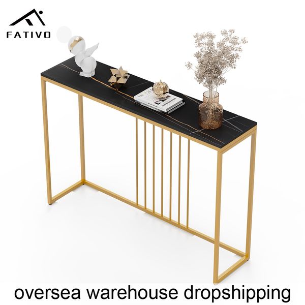 FATIVO 47.2-inch long modern entryway console table with gold metal legs and sintered stone top