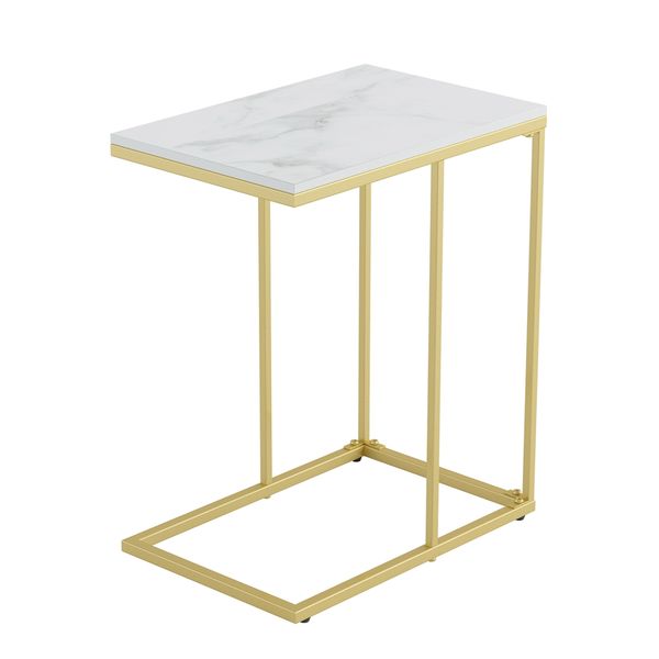 FATIVO Modern C-shaped Sofa Side Table with Gold Metal Legs and Sintered Stone Top, Space-saving Coffee or End Table for Living Room