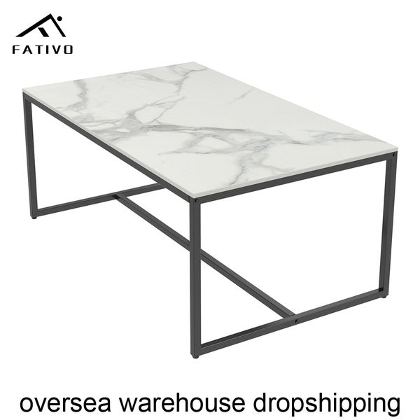 FATIVO Rectangular Coffee Table: Modern Chic Sofa Side Table with Sintered Stone Top and Black Painted Iron Legs for Living Room or Bedroom