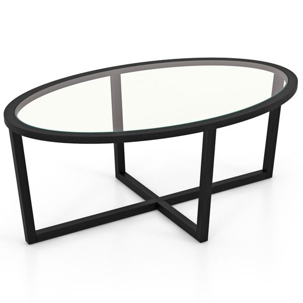 Glass Oval Coffee Table with Cross Base and Acacia Wood Legs for Living Room