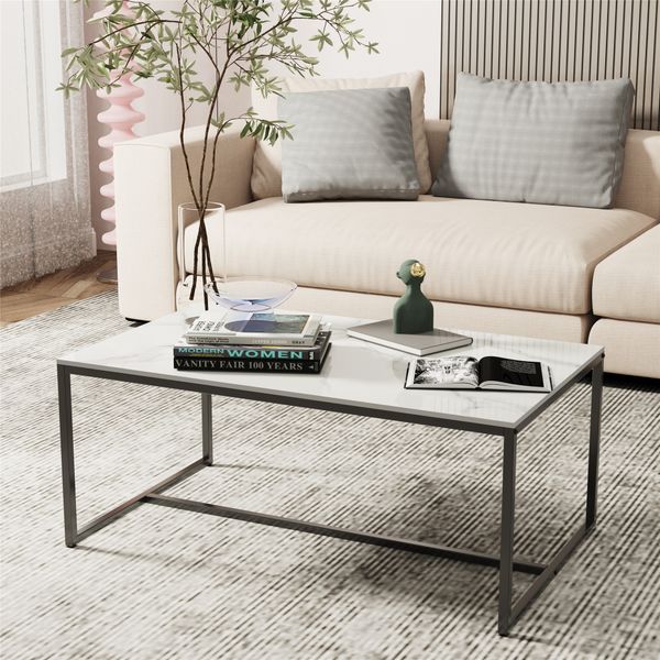 Grey sofa center table featuring a black metal frame, rectangular design for living room decor