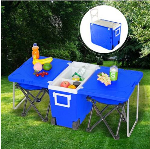 Hot sales! Wholesale outdoor picnic folding multi-use rolling cooler with upgraded stool in blue, free shipping included