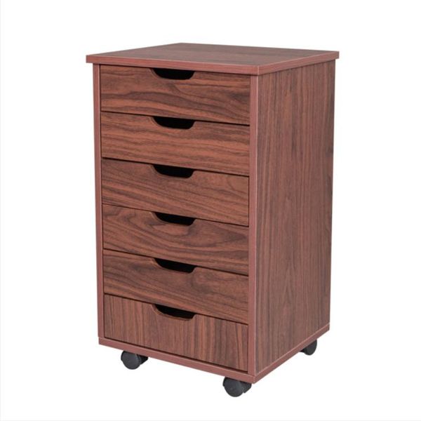 Living room MDF filing cabinet with six drawers in dark walnut finish and PVC wooden design