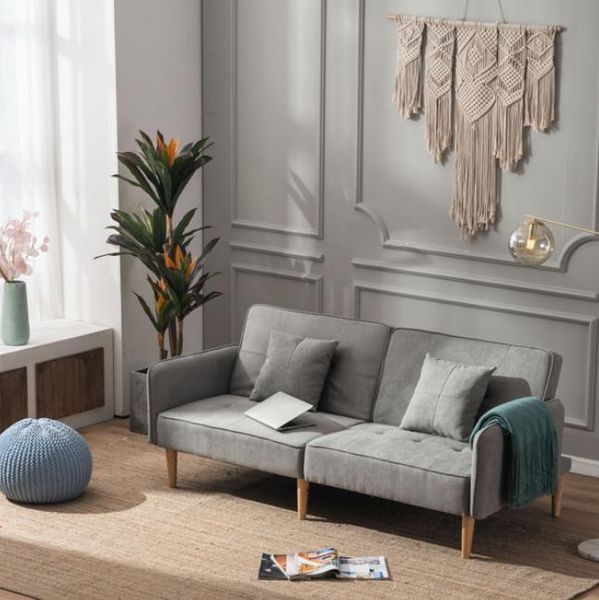 Living Room Sofa Bed 200x86x81cm with Reclining Backrest, 3-Speed Adjustment, Diamond Stitched Fabric, Light Gray