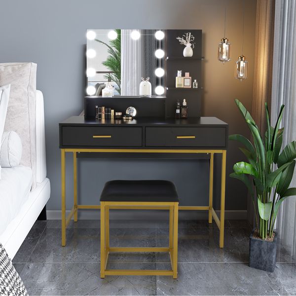 Living Room Vanity Set with 10 LED Lights, Makeup Table, Stool, 3 Shelves, and 2 Dresser Drawers for Women