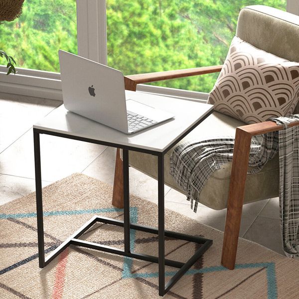 LUVODI Modern C-shaped sofa side table with white marble top and black metal frame, ideal for living room or bedroom decor