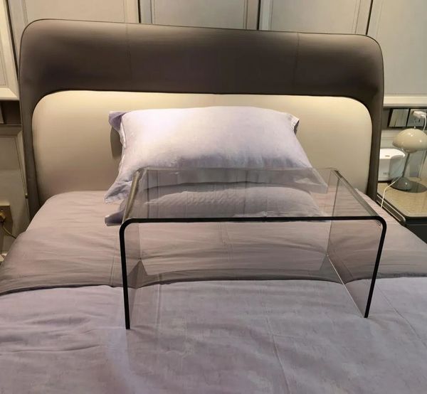 Luxurious C-shaped transparent acrylic side table for sofas, beds, or corners with red net storage, ideal for living rooms or balconies, featuring a 12mm thick coffee table design
