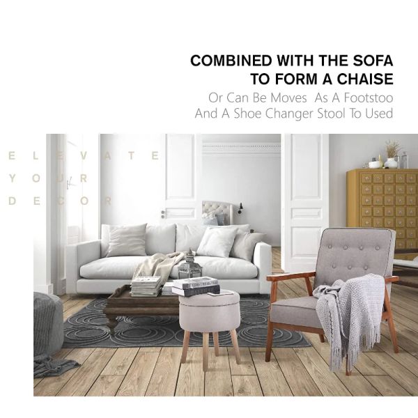 MF Studio Round Storage Ottoman Shoe Change Footrest Stool with Removable Lid Tufted Vanity Dressing Chair Line Fabric Side