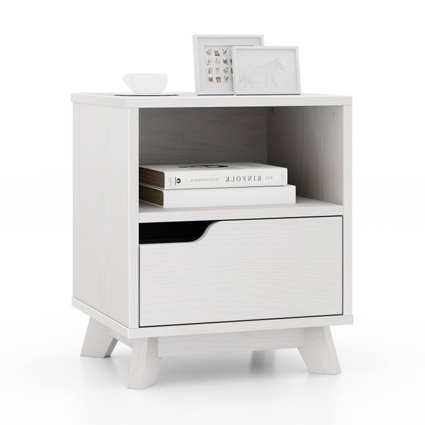 Mid-century modern nightstand featuring storage drawers and an open shelf