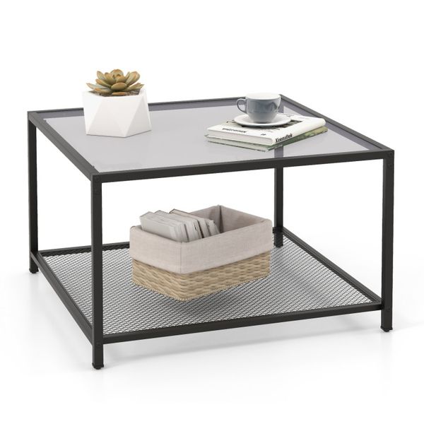 Modern 2-tier square glass coffee table featuring a mesh shelf