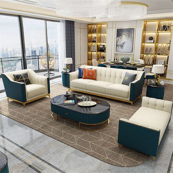 Modern gold-tone wooden sectional sofa set with green leather upholstery, ideal for living rooms or hotel lobbies