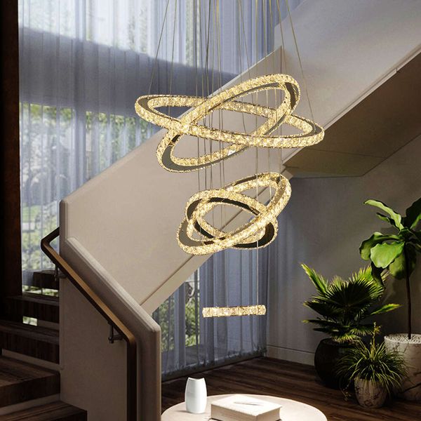 Modern K9 crystal LED chandelier with adjustable rings for living room ceiling lighting in chrome finish