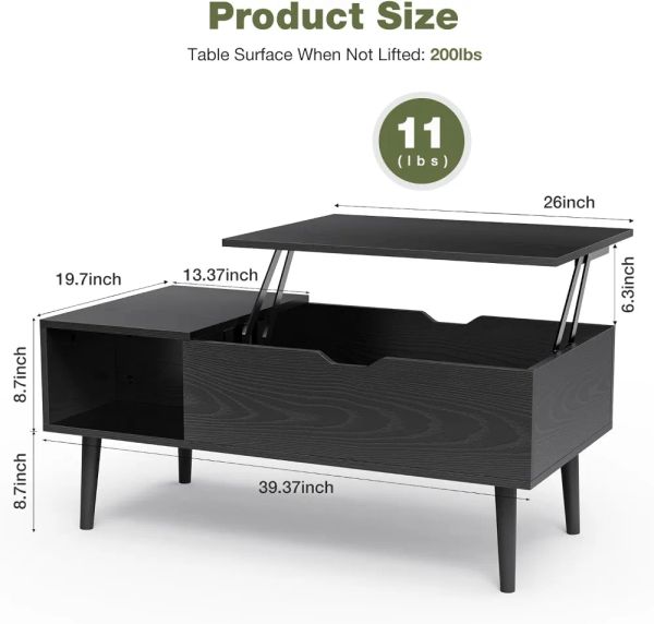Modern wooden coffee table with lift top, storage shelf, and hidden compartment for living room or office