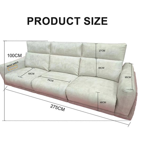 Modular electric sofa for living room, 3/4 seat size, 58cm seat depth, 275cm total length