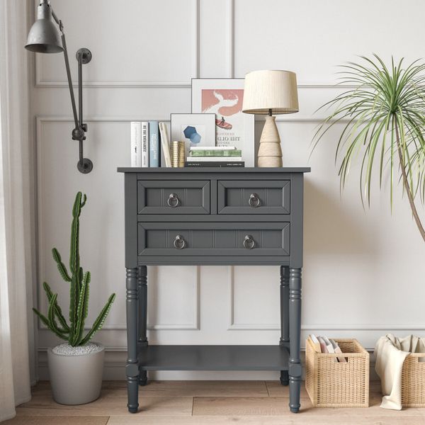 Narrow console table featuring 3 drawers and an open lower shelf