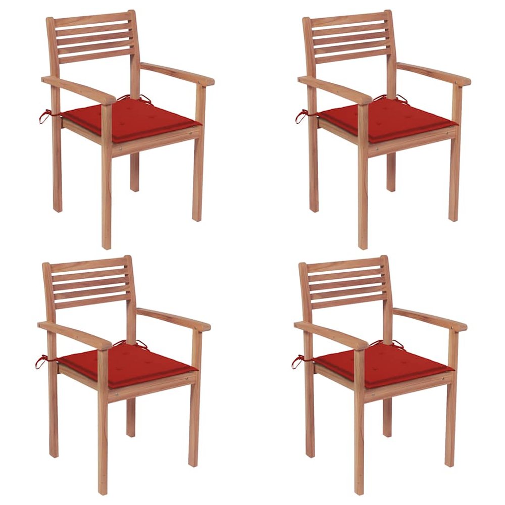 vidaXL Patio Chair Set of 4 Natural wood with red cushions Teak hardwood