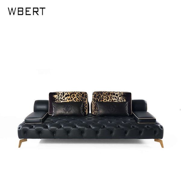 Nordic leather sofa set with pull buttons, Italian designer minimalist style for small apartments and villa living rooms