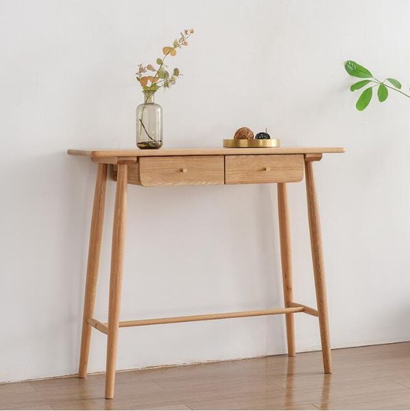 Nordic oak porch table for living room with solid wood wall decor strips, ideal for narrow spaces like corridors or next to cabinets