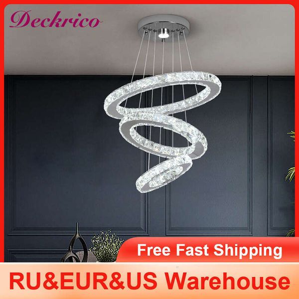 Nordic-inspired modern crystal ceiling lamp with chrome ring design for stylish living room pendant lighting