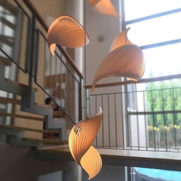 Nordic-style birch wood LED pendant and wall lamp for staircase, kitchen, restaurant, shop, or home decor lighting