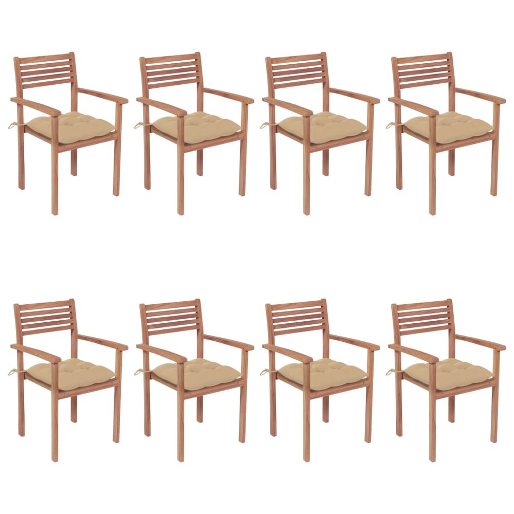 vidaXL Patio Chair Set of 8 Beige Solid Teak Wood Regular Stackable