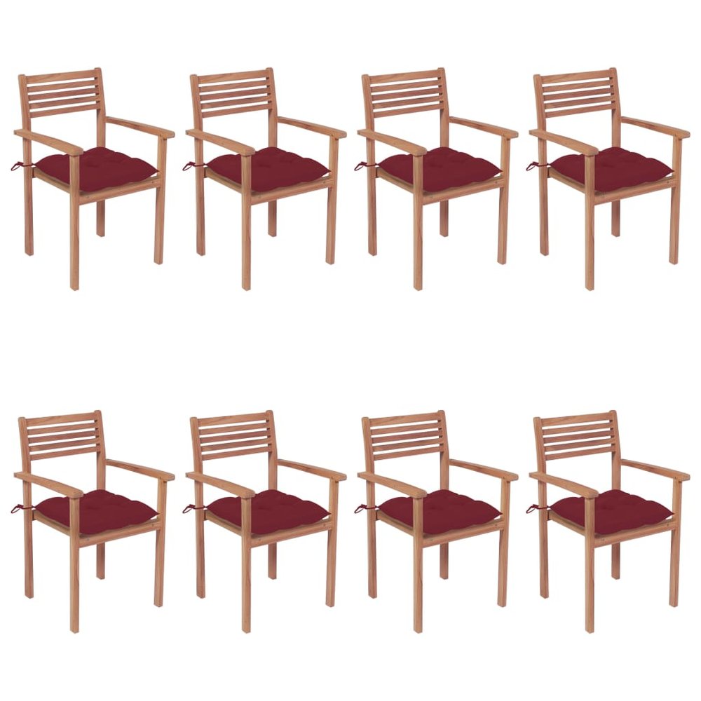 vidaXL Patio Chair Set of 8 Wine Red and Teak Teak Wood and Polyester