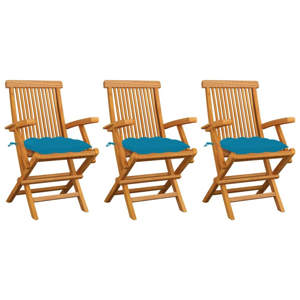 vidaXL Patio Chair Set of 3 Light Blue Cushions, Teak Wood