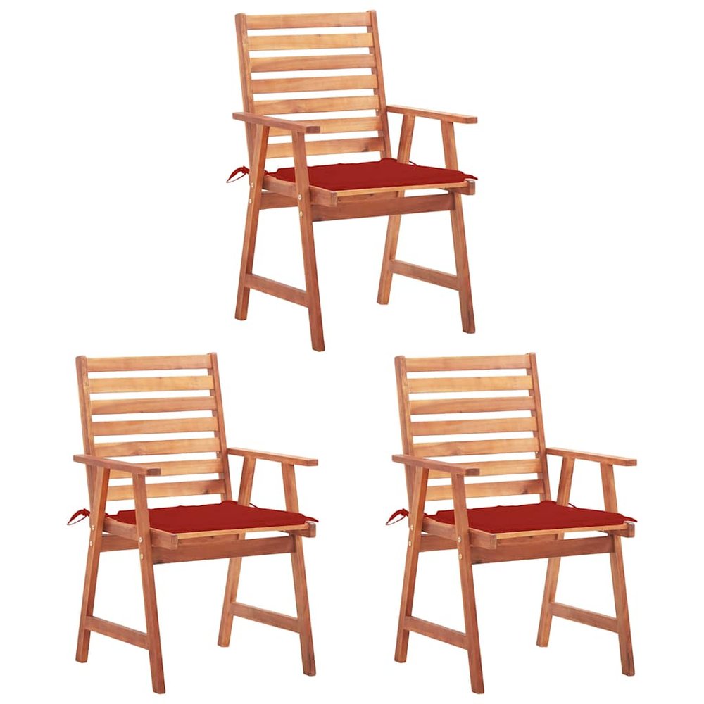 vidaXL Patio Chair Set of 3 Natural wood and red cushion
