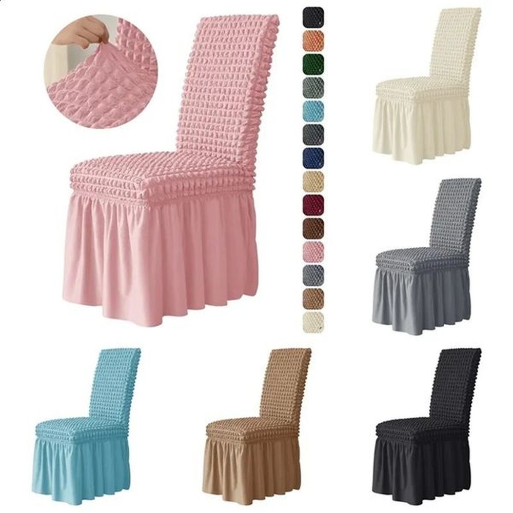 1pc Seersucker Chair Cover For Dining Room Banquet Chair Slipcover Stretch Chair Cover with Skirt Elastic Wedding Chair Decor 250110