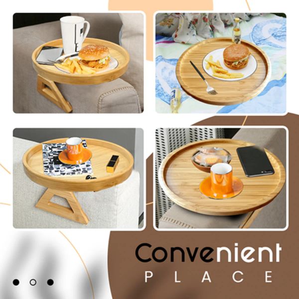 Pine Wood Natural Sofa Side Tables Round Portable and Foldable Sofa Armrest Clip-On Tray Waterproof Sofa Couch Arm Rest Organize