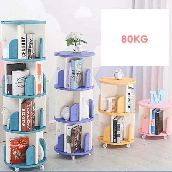 Plastic rotating bookshelf with small baskets for baby and children's picture books, a simple floor bookcase for students that rotates 360 degrees