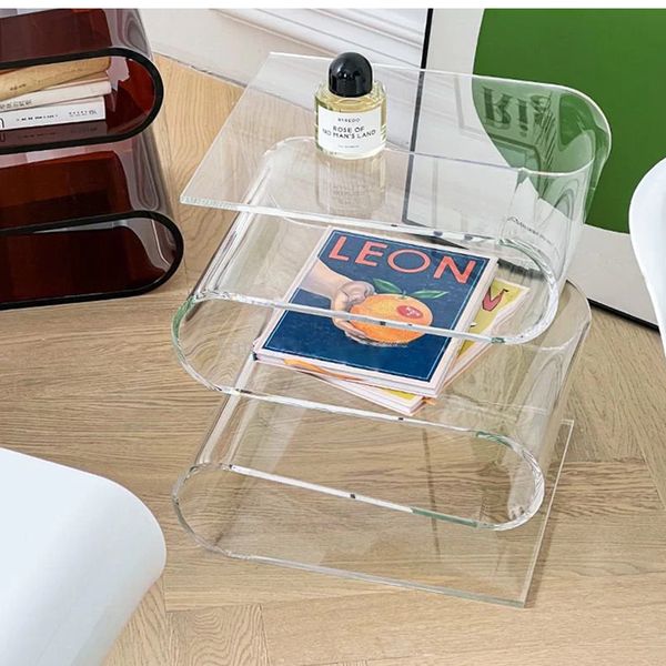 Premium transparent modern acrylic W-shaped magazine holder with 4-tier bookshelf and side desk